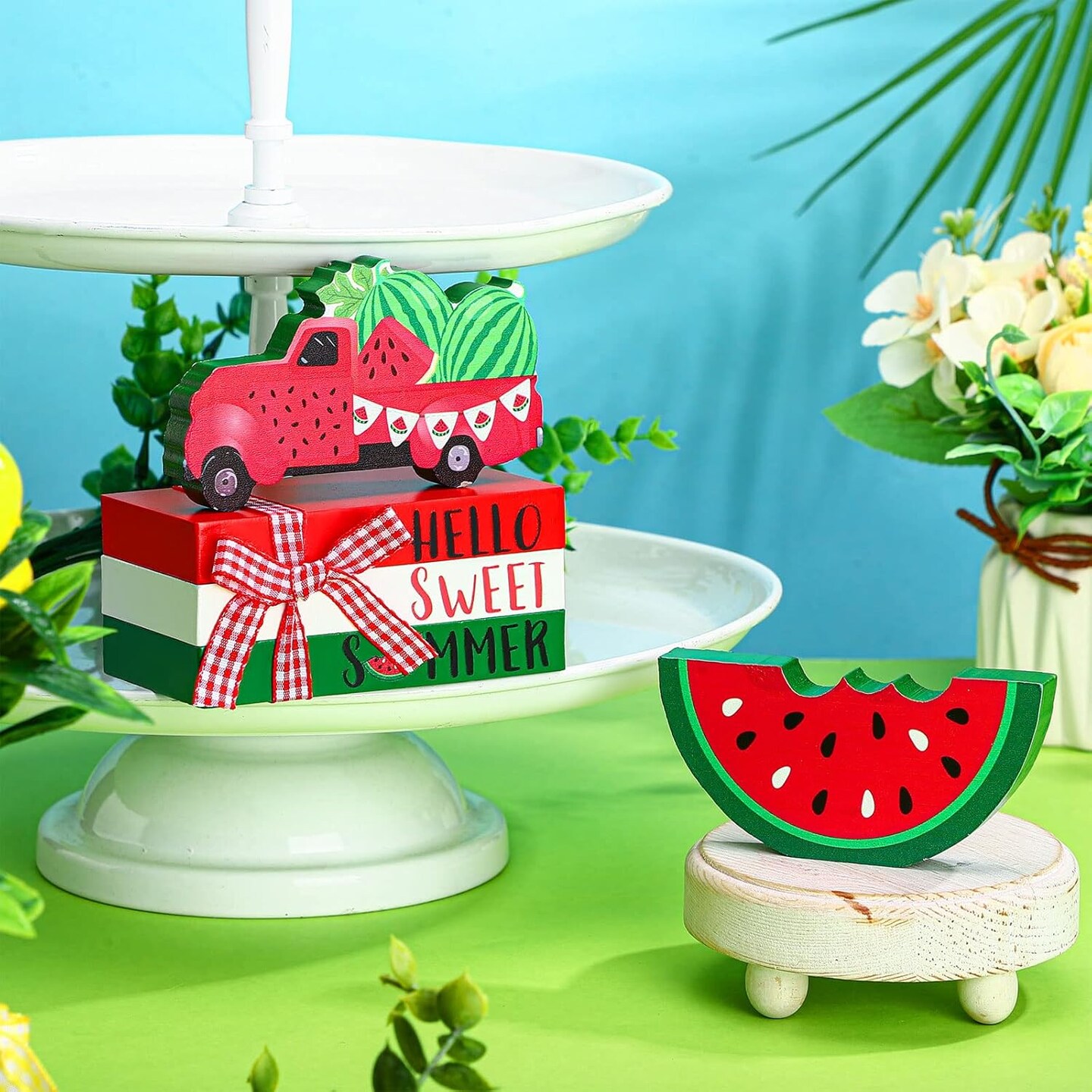 5 Pcs Watermelon Table Decorations Summer Tiered Tray Decor Mini Wooden Decorative Books Stack with Twine with Wood Truck Sign for Home Kitchen Shelf Tabletop Centerpieces