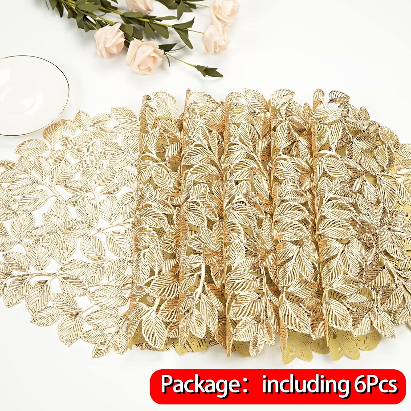 Metallic Placemats Set of 6 Gold Leaf Round Placemats Non-Slip Wipeable Table Mats for Dinner,Party,Wedding Accent Centerpiece