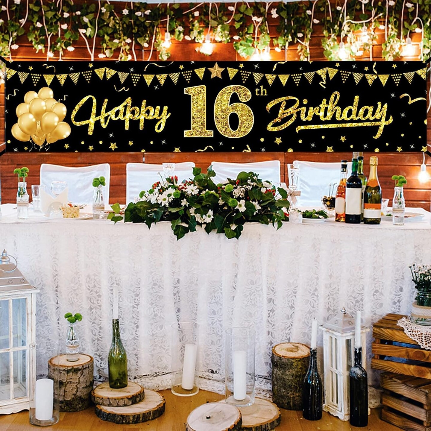 Happy 16th Birthday Banner Decorations for Boys, Black Gold 16 Birthday Signs Party Supplies, Sweet Sixteen Birthday Party Decor for Outdoor Indoor