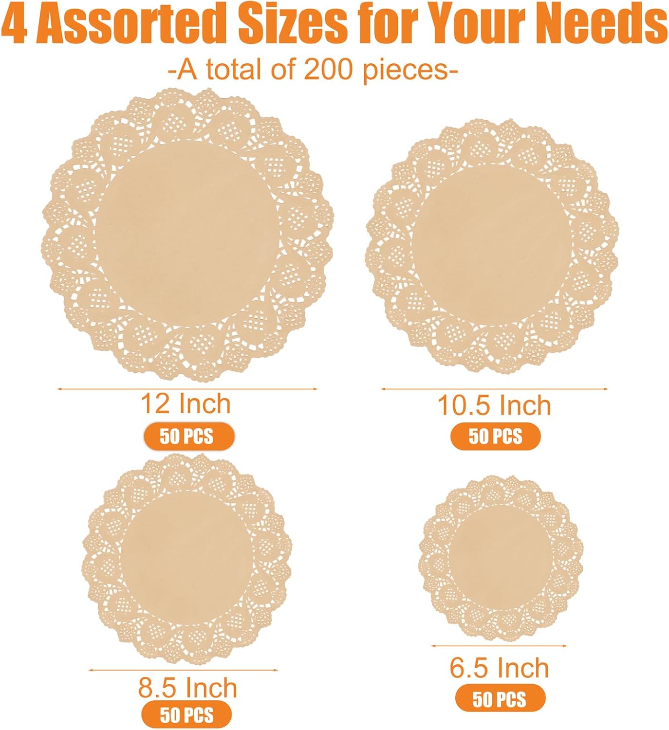 200 Pack Round Brown Lace Paper Doilies Disposable Decorative Paper Placemats Assorted Size 6.5, 8.5, 10.5, 12 inch Table Paper Pad Mats for Buffet Cake Food Party Wedding Tableware Decoration
