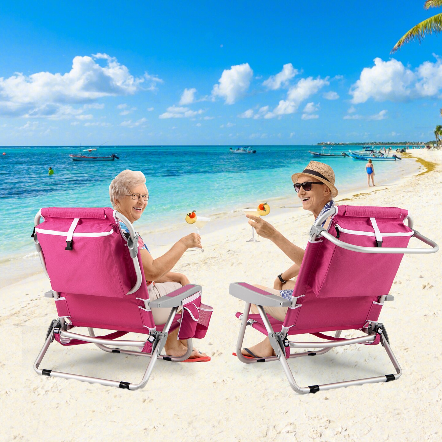 Aluminum Reclining Beach Chairs with Storage Set of 2