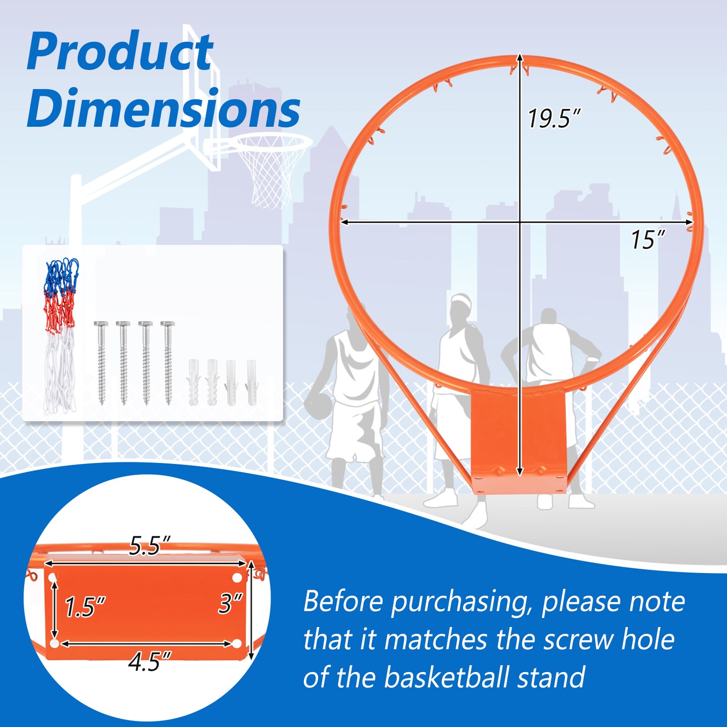 15 Inch Basketball Rim Goal Replacement with All Weather Net and Metal Pipes Perfect for Indoor or Outdoor