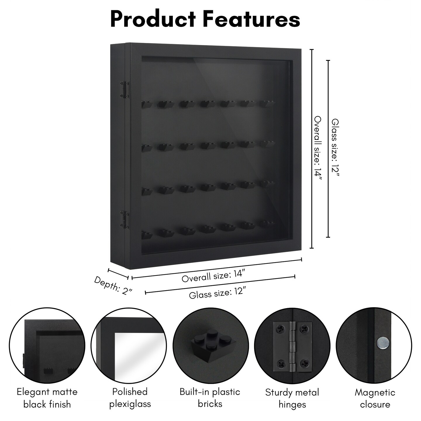 Americanflat 14x14 Minifigure Display Case with Polished Plexiglass - Holds 28 Minifigures - Freestanding or Wall-Mounted Display Case for Small Toy Collectibles - Black