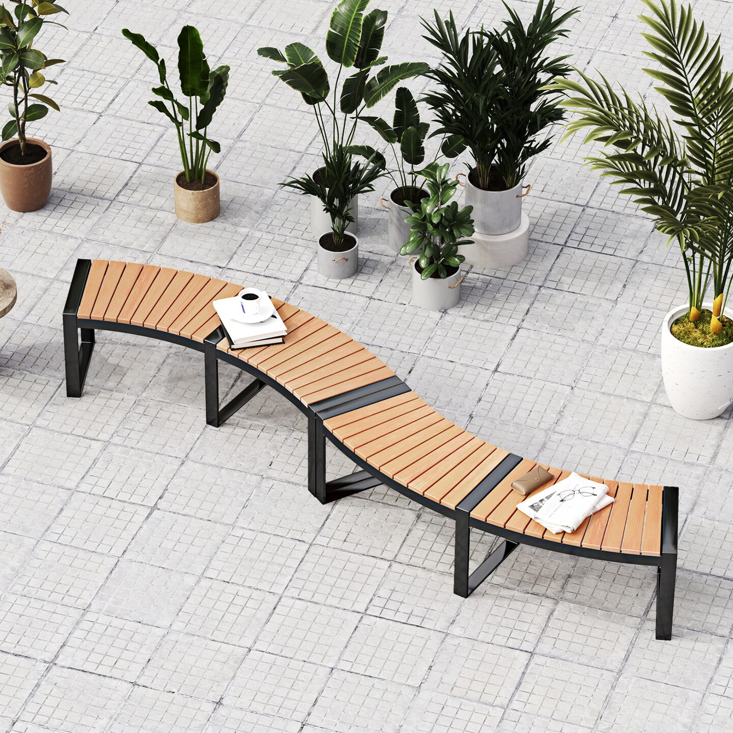 Yellow Patio Wooden Curved Bench with Slatted Seat and Black Metal Legs Perfect for Outdoor