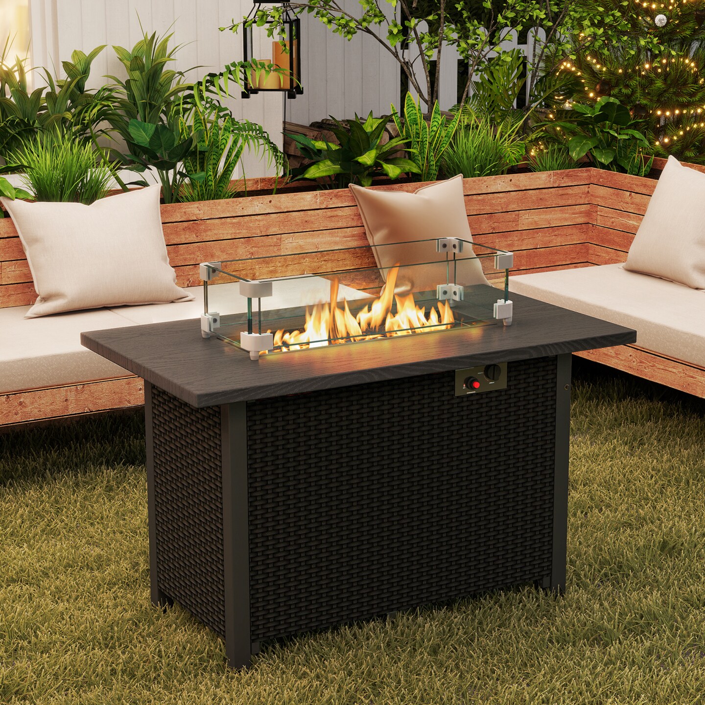 2-in-1 Propane Gas Fire Pit Table with Glass Rack and Stainless Steel Burner Ideal for Outdoor Parties