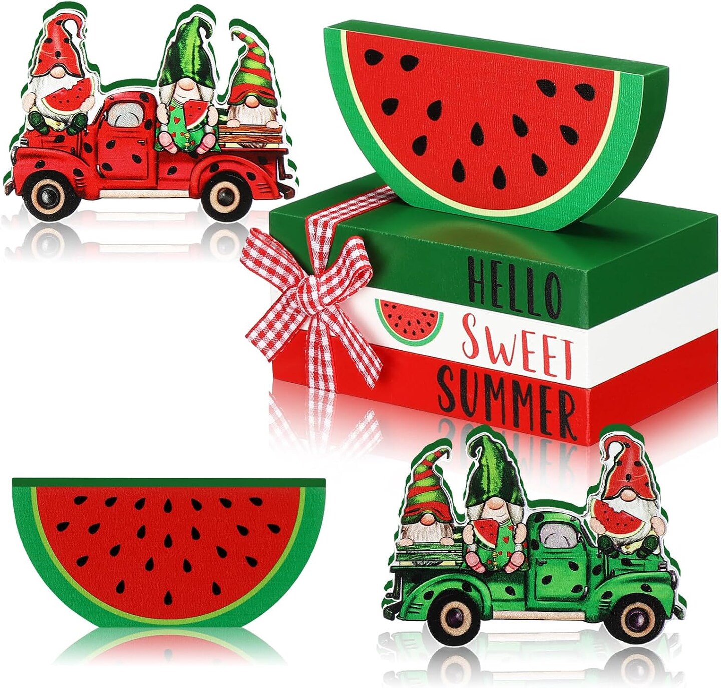 5 Pc Summer Tiered Tray set Lemon Sunflower Beach Books Stack with Twine Summer Wood Decor Lemon Sunflower Starfish Beach Gnome Sign