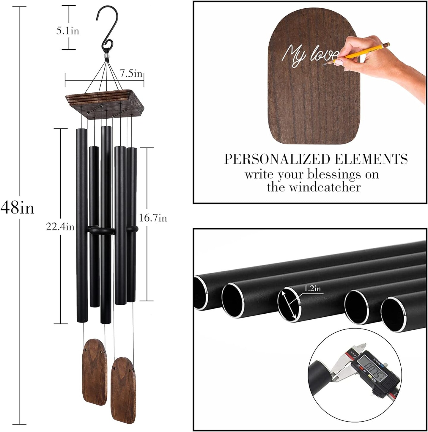 48&#x22; Large Wind Chimes for Outside Deep Tone, Wood Wind Chimes Outdoor Clearance, Memorial Gifts for Mother&#x27;s Day and Christmas, Outdoor Decor for Garden, Patio, Yard(Big Wind Chime, Black)
