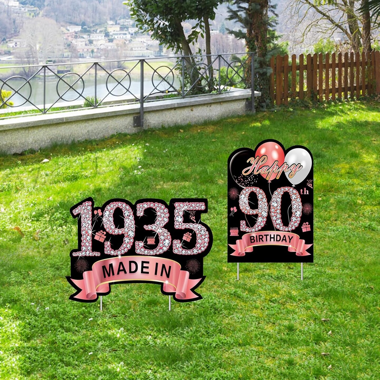 2Pcs Rose Gold 90th Birthday Yard Sign Decoration for Women, Happy 90th Birthday Made in 1935 Lawn Sign Party Supplies, Ninety Year Old Yard Decor Stakes