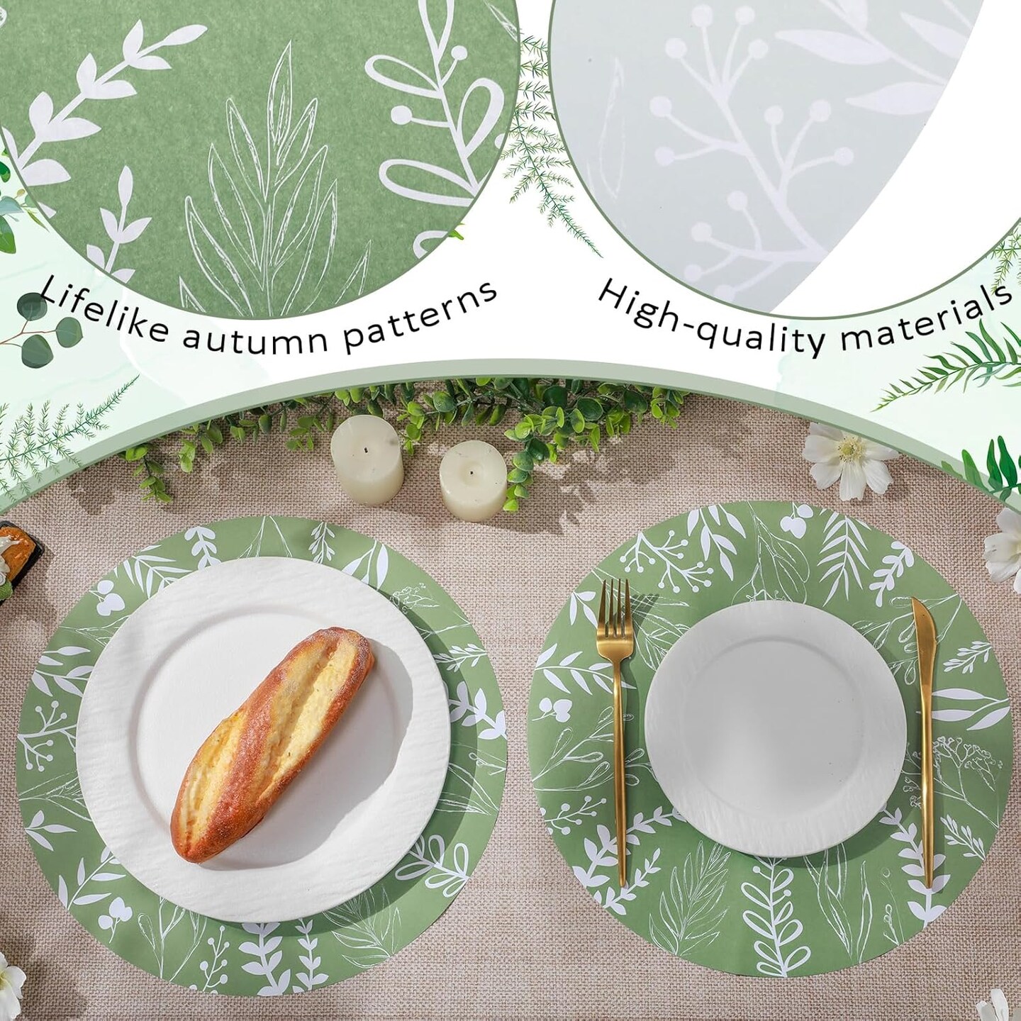 50 Pcs 14 Inch Disposable Placemats Eucalyptus Leaves Round Placemats Seasonal Paper Round Table Mats for Dining Decoration (Sage Green)