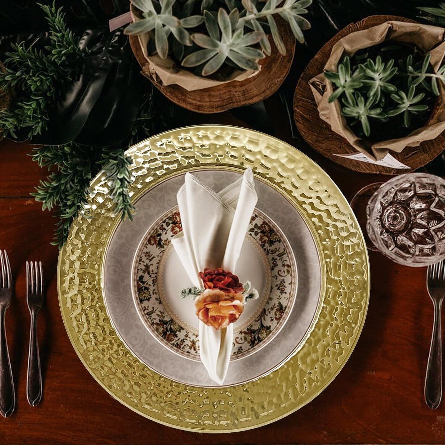 Stainless Steel Hammered Charger Plates, Gold Dinner Plate Chargers Set of 6, Round Server Ware Charger Plate