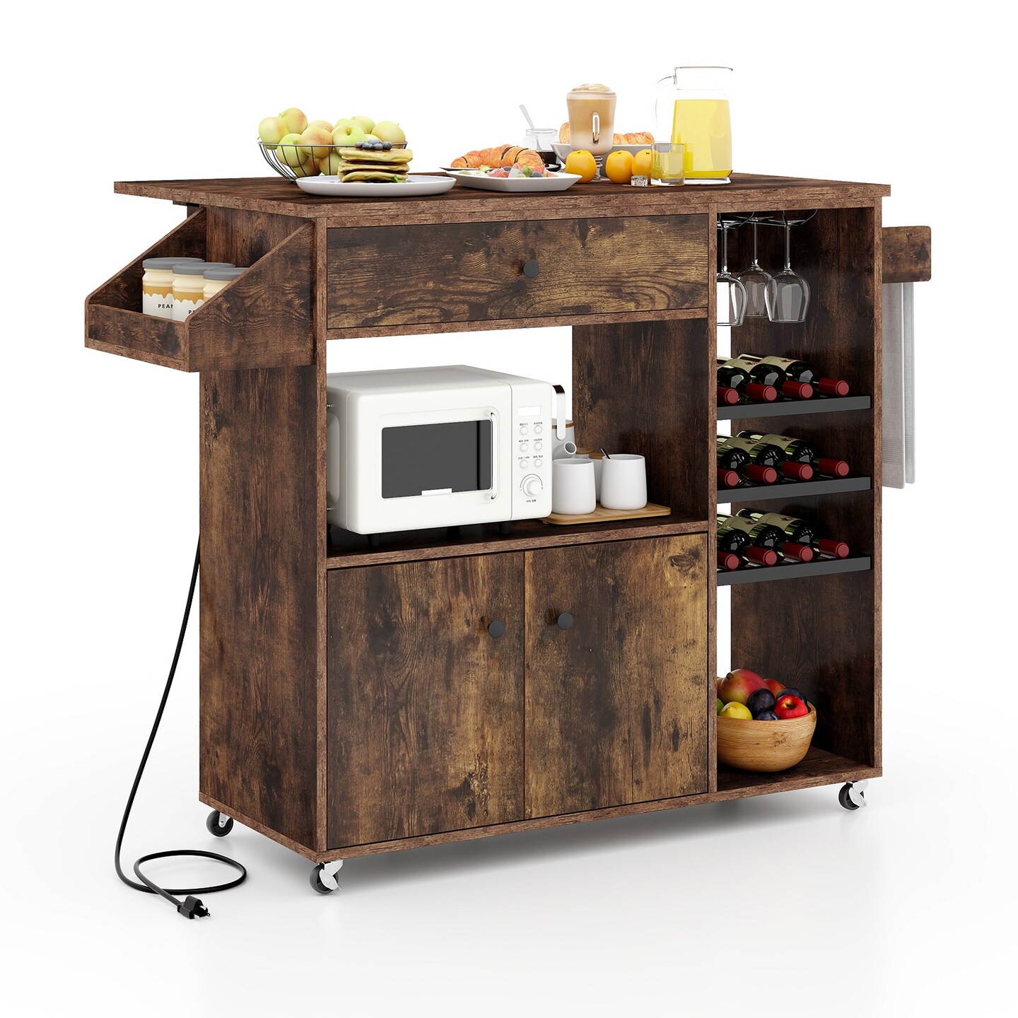 Kitchen Island Cart, Engineered Wood, Wine Rack, USB and AC Charging, Lockable Wheels