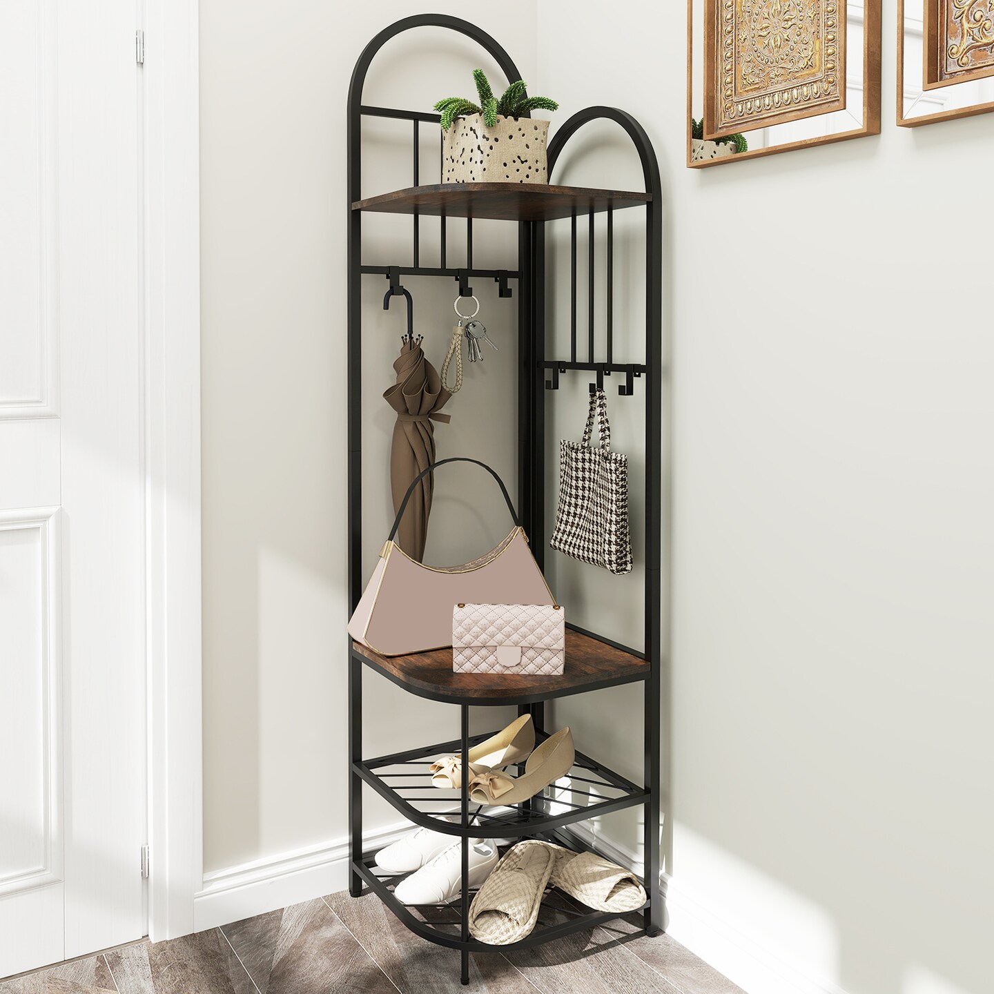 4-Tier Coat Rack Corner Tree with Shoe Bench and Hooks