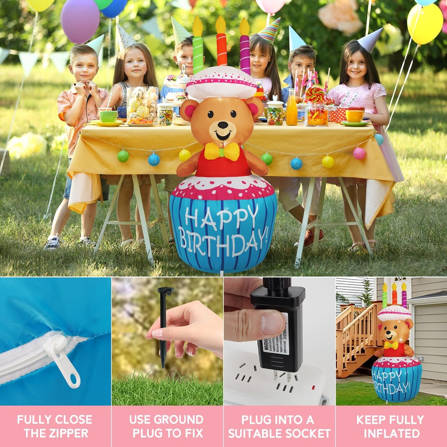 4FT Birthday Cake Birthday Party Outdoor Inflatable Decoration, Outdoor Yard Sign with LED Lights, Birthday Inflatable Decoration for Garden, Yard, Lawn