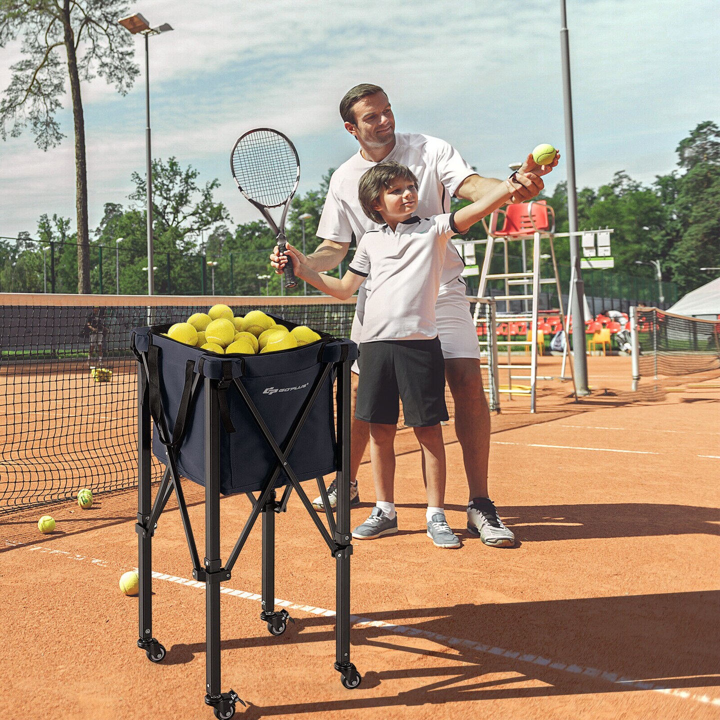 Foldable Lightweight Tennis Ball Teaching Cart with Removable Bag and Lockable Wheels