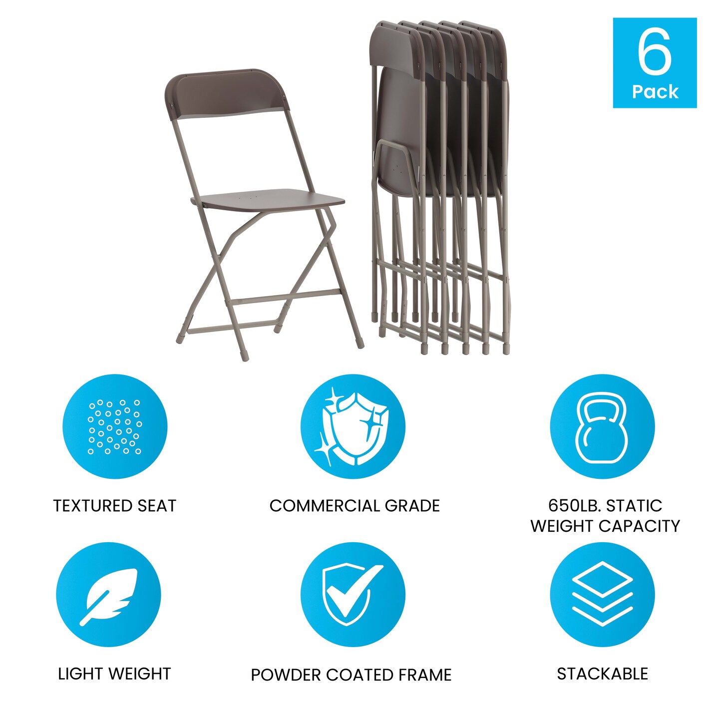 Emma and Oliver Set of 6 Stackable Folding Plastic Chairs - 650 LB Weight Capacity