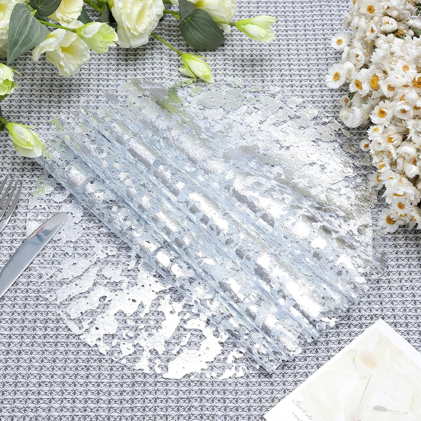 Silver Placemats Disposable Round Table Mat 13 Inch Silver Foil Paper Mesh Pressed Table Doilies Metallic Thin Mesh Table Runner for Home Decoration Dining Wedding Birthday Party (100 Pcs)