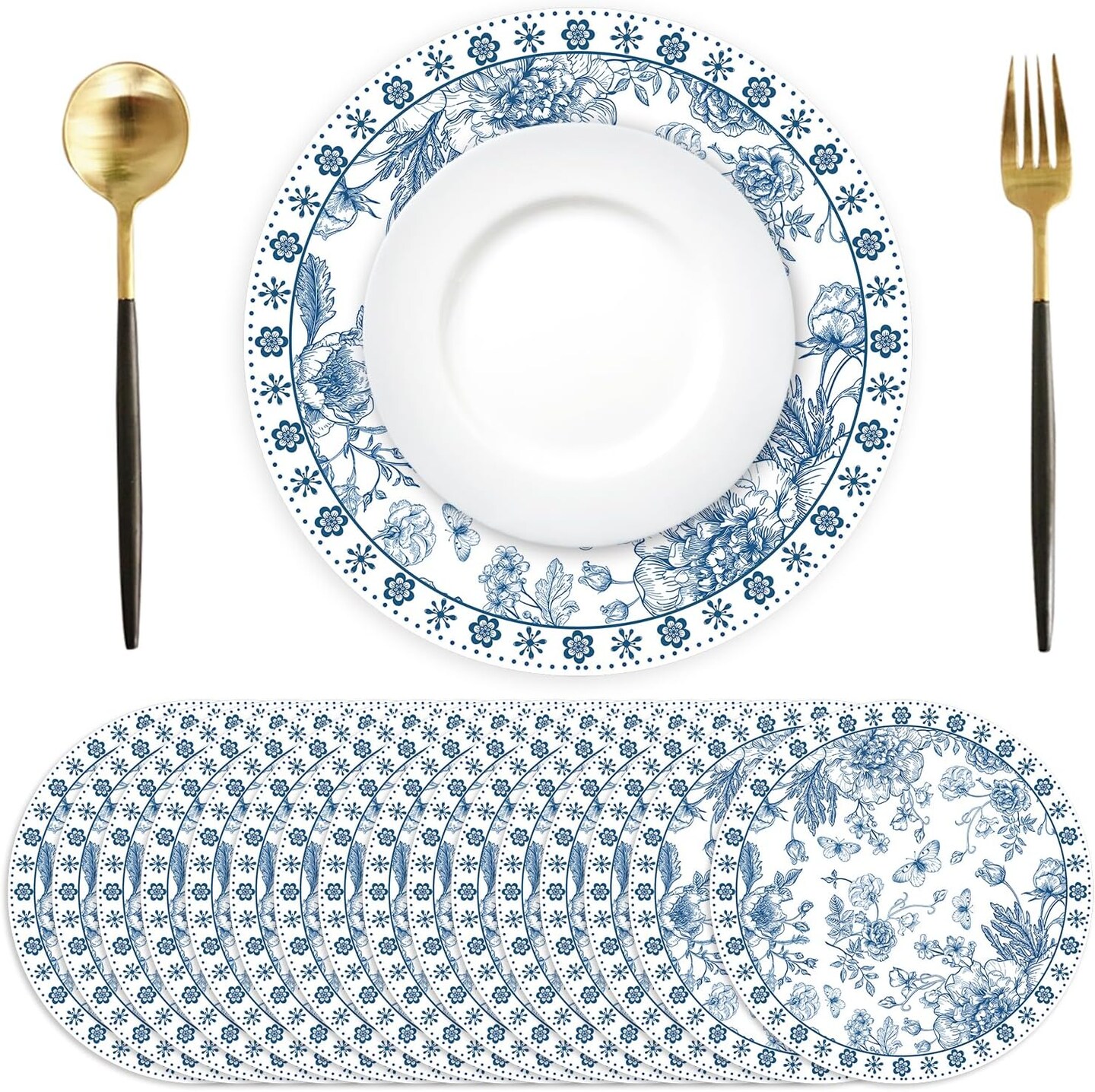 Paper Placemats Disposable 50 Pack Blue Floral Place Mats 13.7 Inch Chinoiserie Round Table Mats for Dinner Table Setting Birthday Wedding Party Supplies (Chinoiserie)