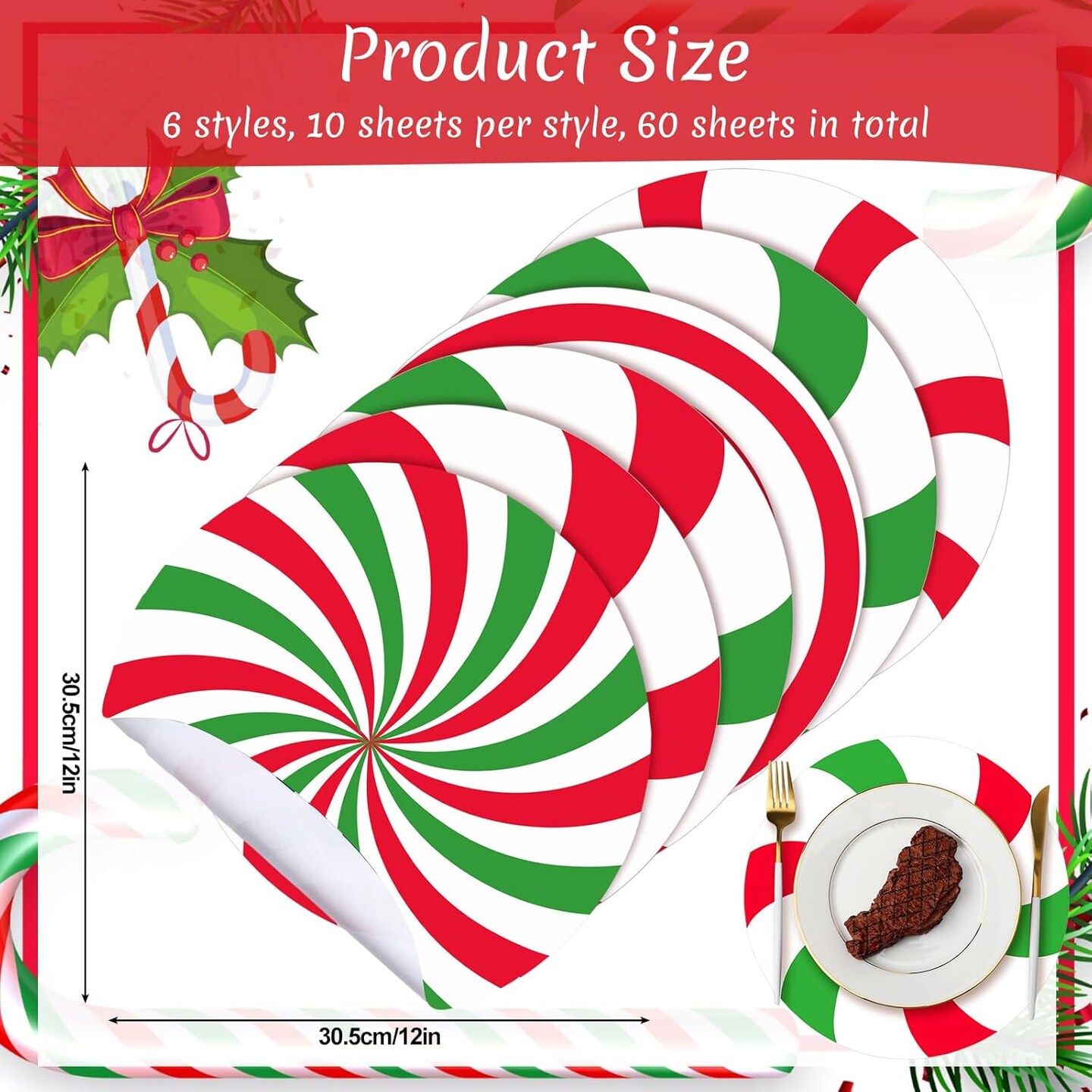 60 Pcs Disposable Christmas Candy Placemats 12 Inch Christmas Red Green Sweets Paper Round Placemats Table Mats Candy Canes for Xmas Party Home Decorations Kitchen Dining Table