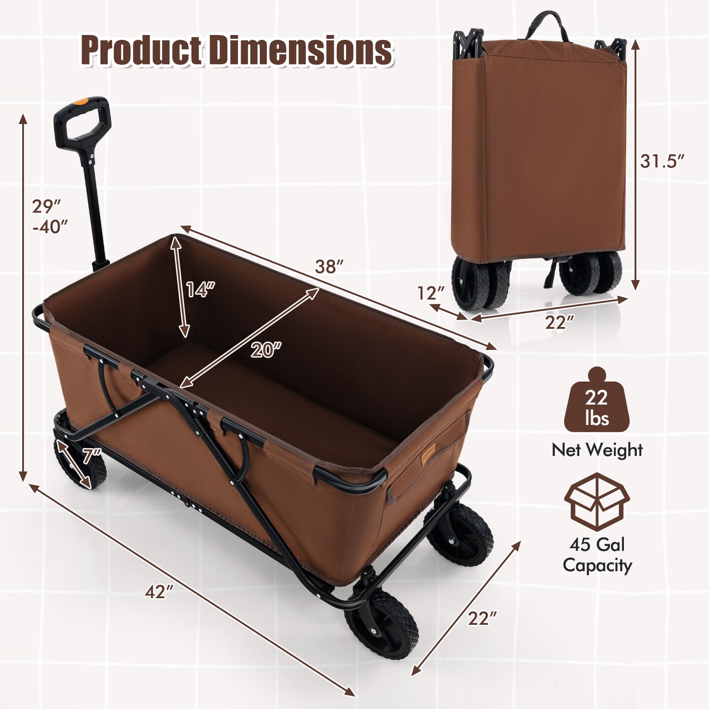 Metal Folding Utility Wagon Cart with Adjustable Handle and Wheels