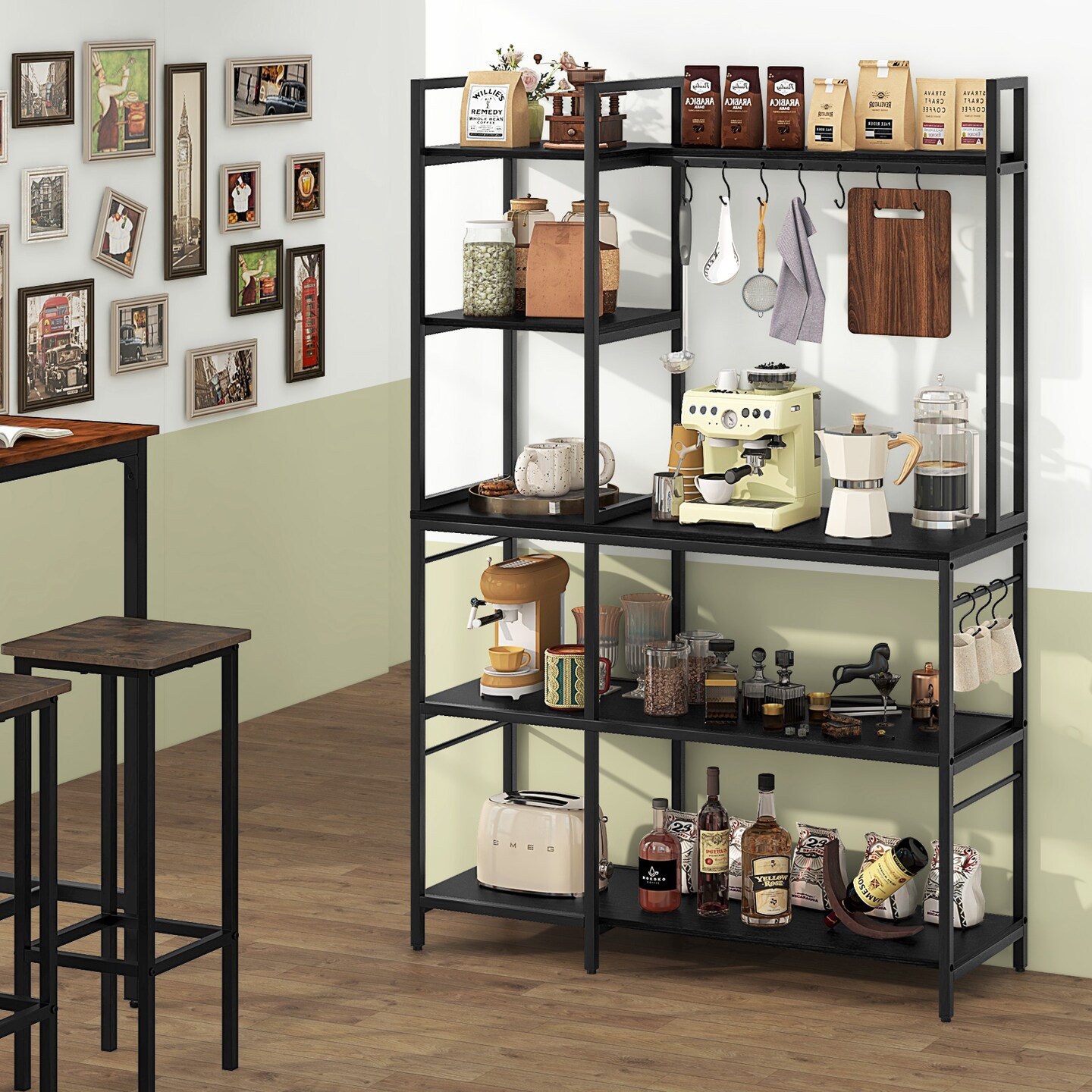 Metal and Wood Kitchen Backers Rack with Charging Ports, 5 Tiers and Anti-Tip Safety
