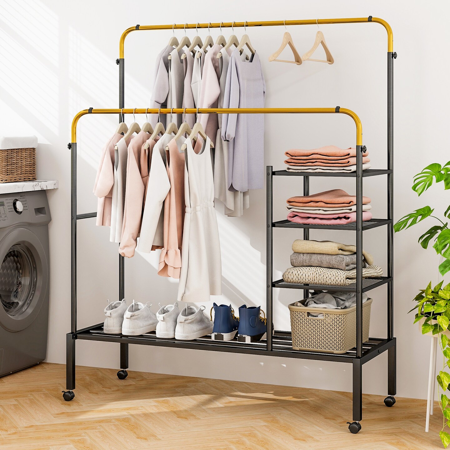 Carbon Steel Adjustable Rolling Clothes Drying Rack with Shelves