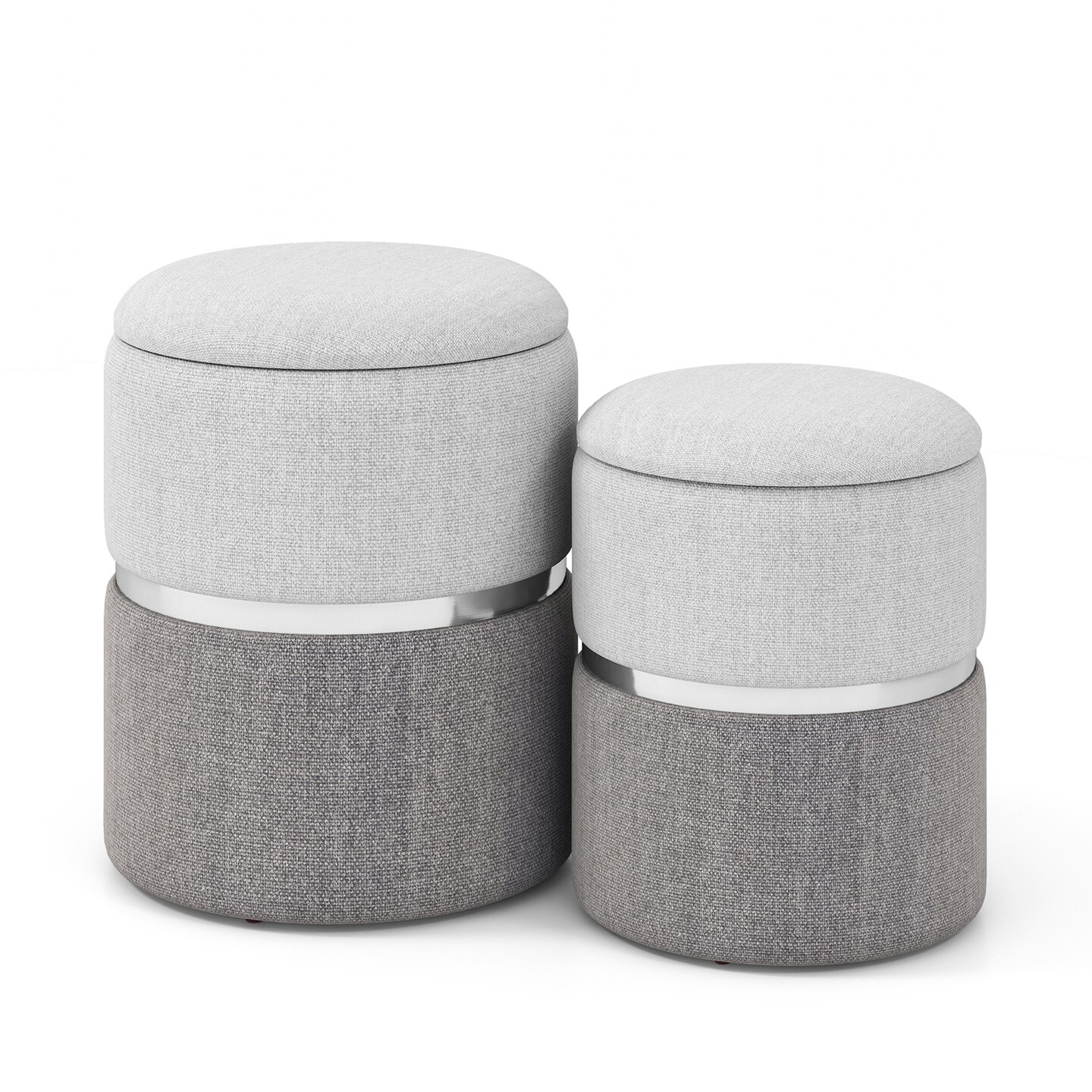 Set of 2 Stackable Velvet/Linen Storage Ottomans with Reversible Tabletop Lid