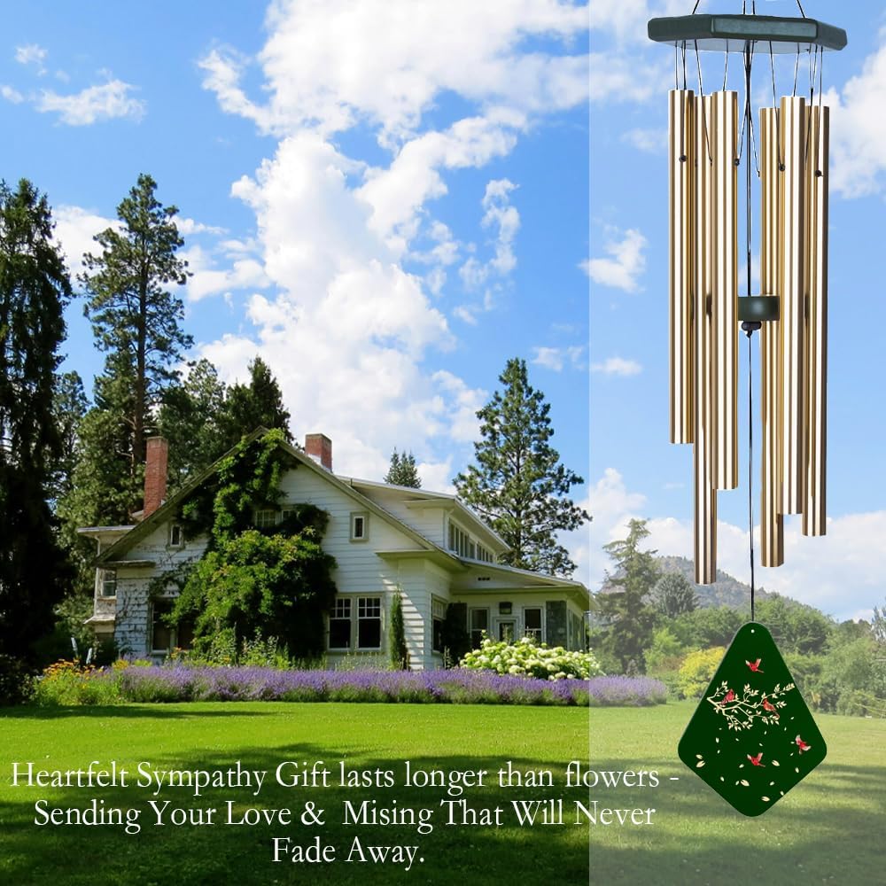 Memorial Wind Chimes for Loss of Loved One 32&#x27;&#x27;, Cardinal Wind Chimes in Memory of a Loved One, Cardinal Memorial Gift, Sympathy Bereavement Condolence Gift,Green