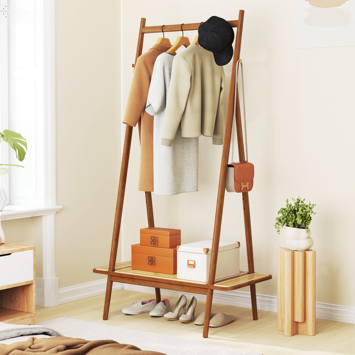Wicker Clothes Rack with Hanging Rod Rattan Shelf and Copper Hooks