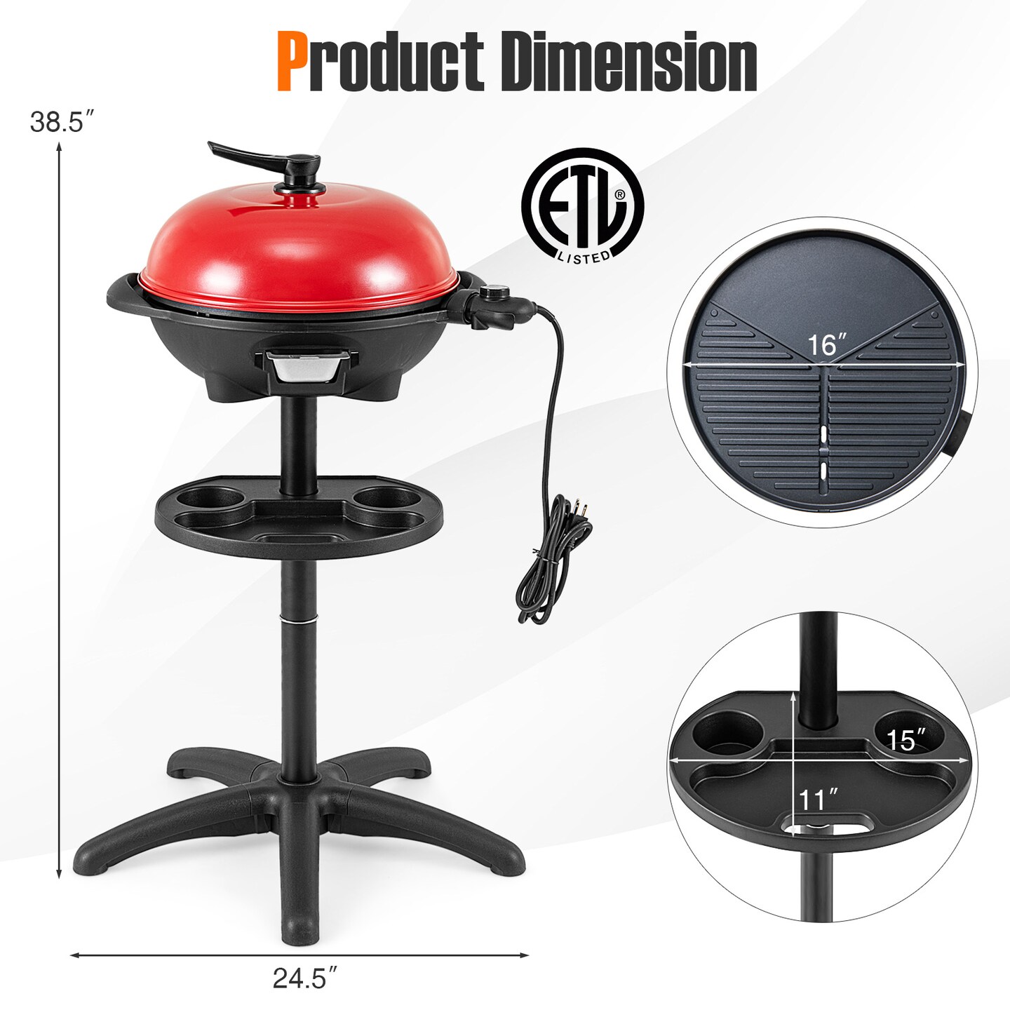 Aluminum Electric Grill with Hood, Non-Stick Plate and Condiment Tray