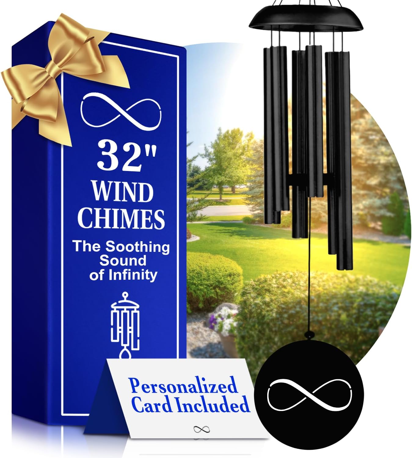 32 in Aluminum Wind Chimes for Outside Deep Tone - Outdoor Memorial Wind Chimes for Loss of Loved One, Metal Sympathy Windchimes, Unique Patio &#x26; Garden Decor, Soothing Melodies, Gift for Mom, Black