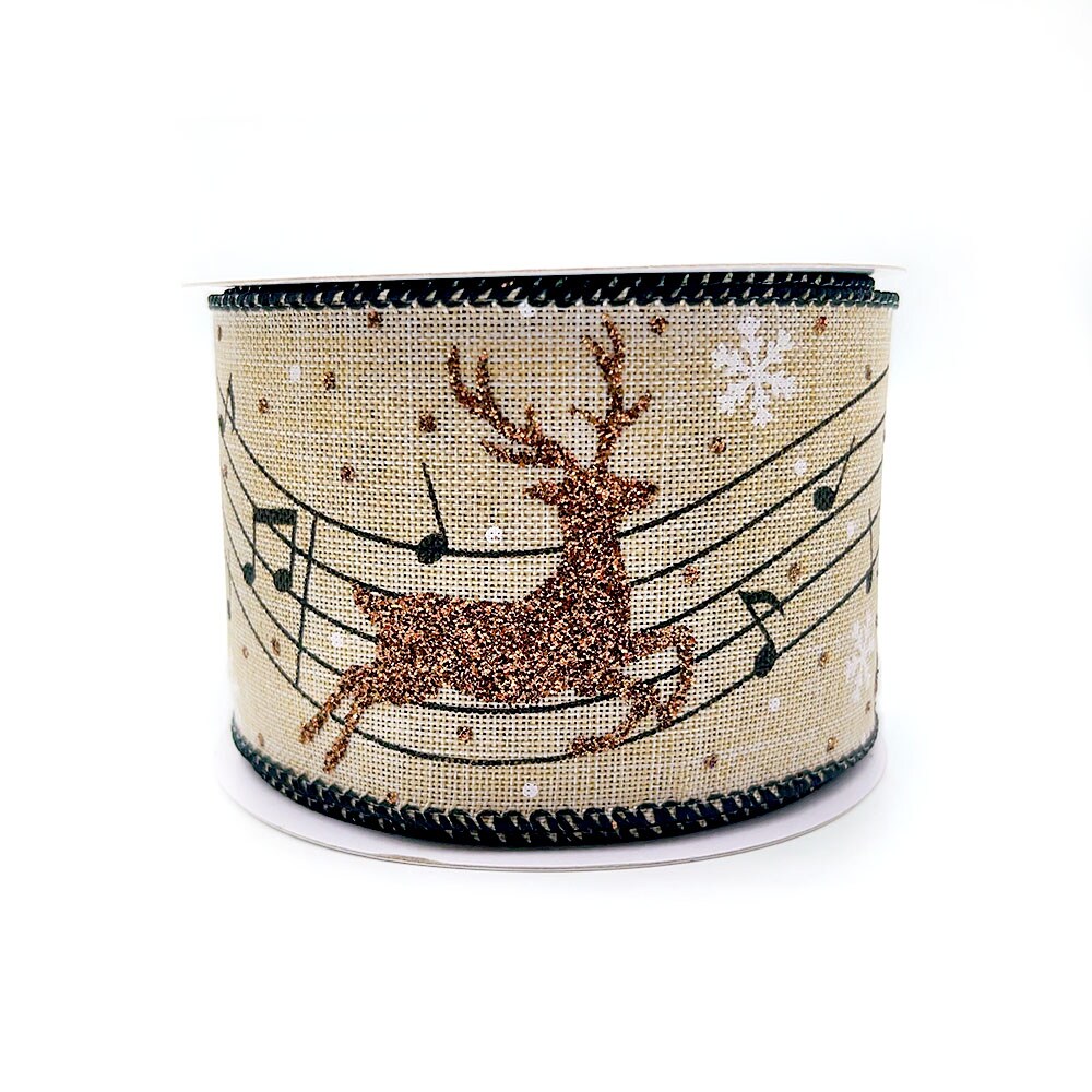 Designer’s Shop Christmas Musical Glitter Reindeer wired edge ribbon WR 63-5173 2.5” x 10 yards
