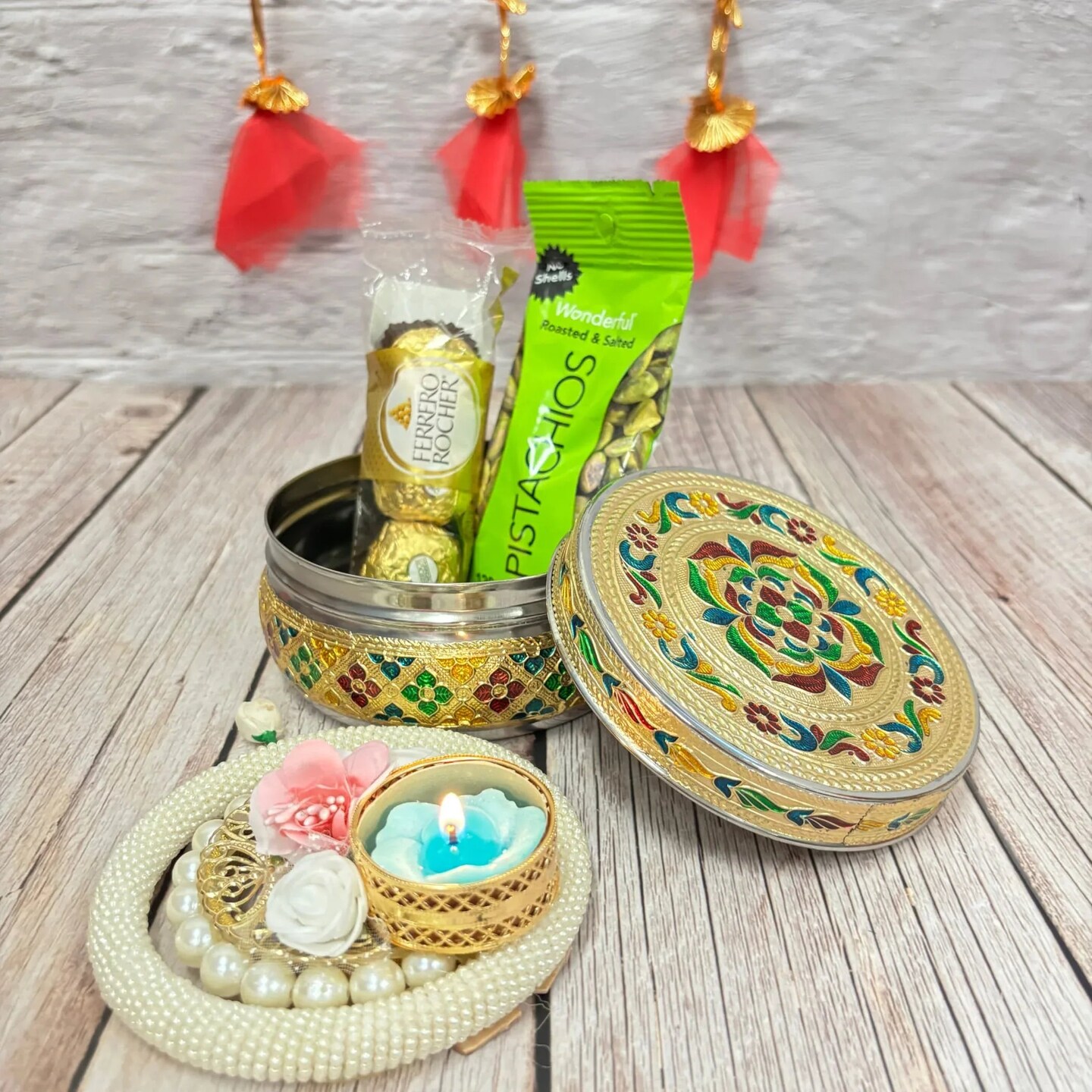 Diwali Gift Hamper Premium Deepawali Return Gift Box with Stainless Steel Sweet Box, Candle Holder Chocolates Navratri Hampers for Employees Friends Relatives - Corporate Gifts