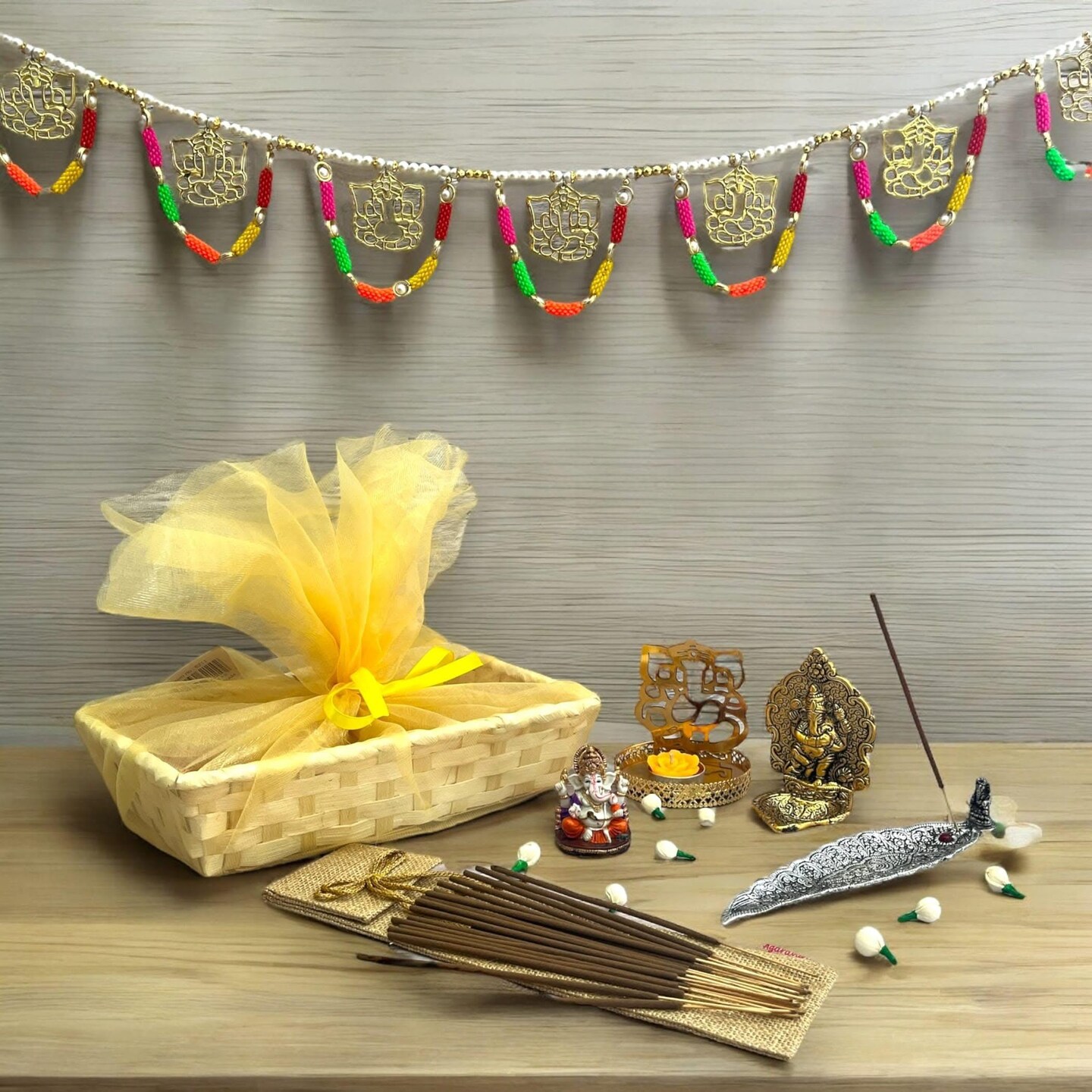 Ganesha Gift Hamper Hindu Religious Ganesh Chaturthi Diwali Puja Housewarming Sankranti Return Gifts - Gift Basket Door Toran Incense Holder & Stick Acrylic Ganesha Diya Candle Holder