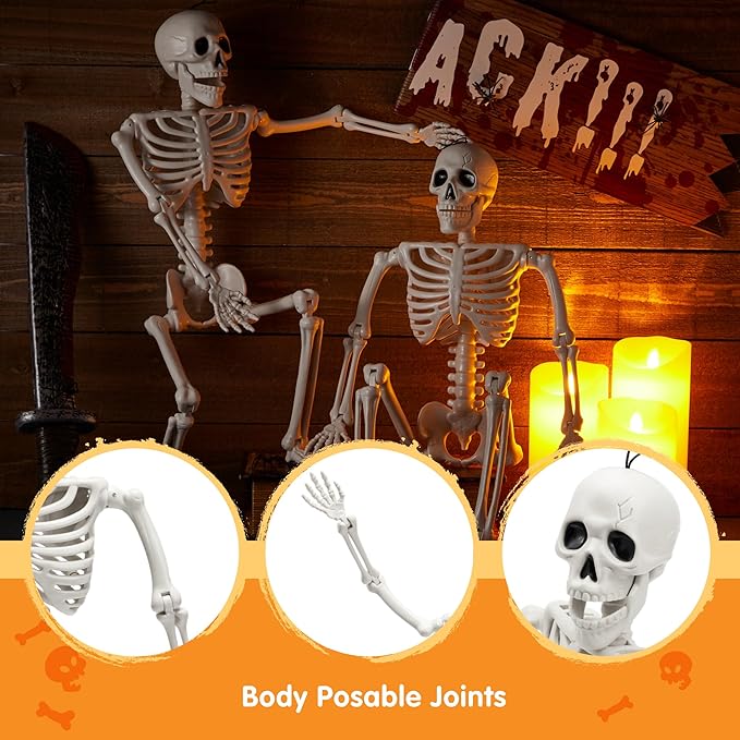 2 PCS 24&#x22; Halloween Posable Skeletons Hanging Full Body Posable Plastic Skeletons with Movable Joints for Halloween Party, Graveyard Spooky Indoor and Outdoor Decorations(White)