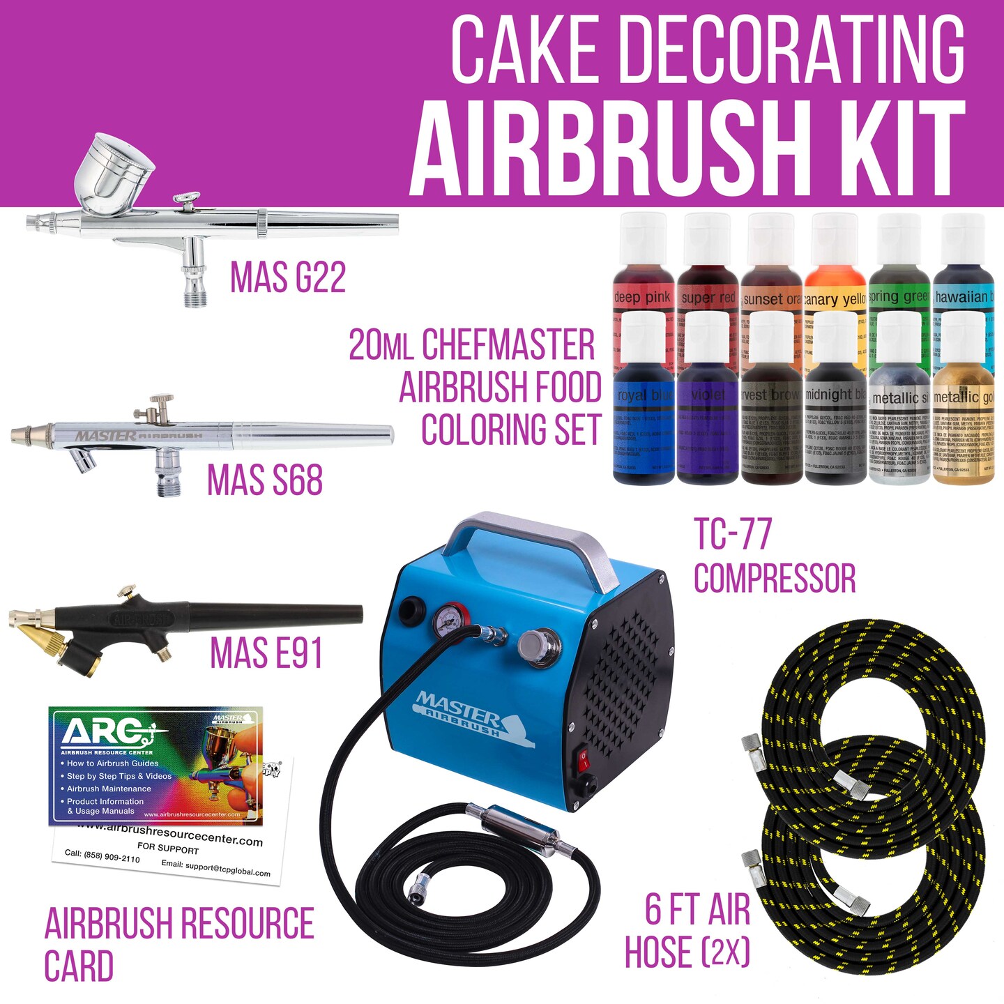 Cake Decorating 3 Airbrush Kit with G22, S68, E91 Airbrushes, Quiet High Performance Compact Airbrush Compressor, 2 Hoses &#x26; 12 Color Food Coloring Set