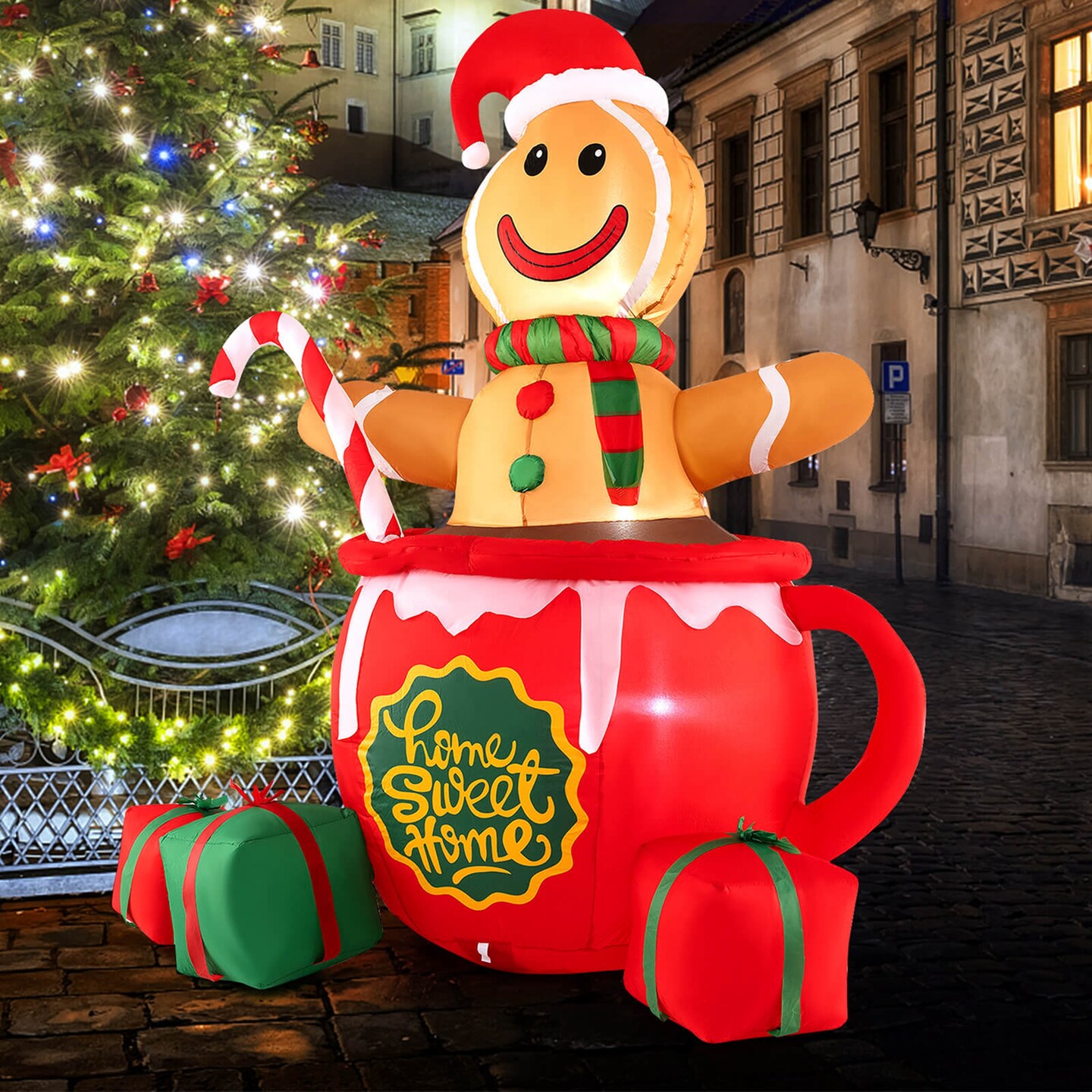 Costway 7 FT Christmas Inflatable Blow up Pre-Lit Gingerbread Man in Mug with Gift Boxes