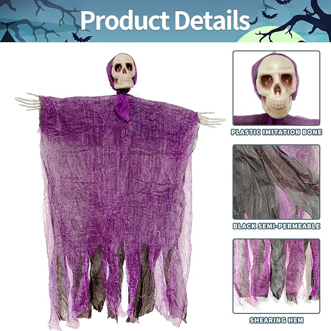 3 Pack 31.5 Inches Hanging Grim Reaper Decorations, Halloween Skeleton Props with Cloaks, Indoor Outdoor Yard Decor for Parties, Haunted House, Scary Tree Ornament Favors