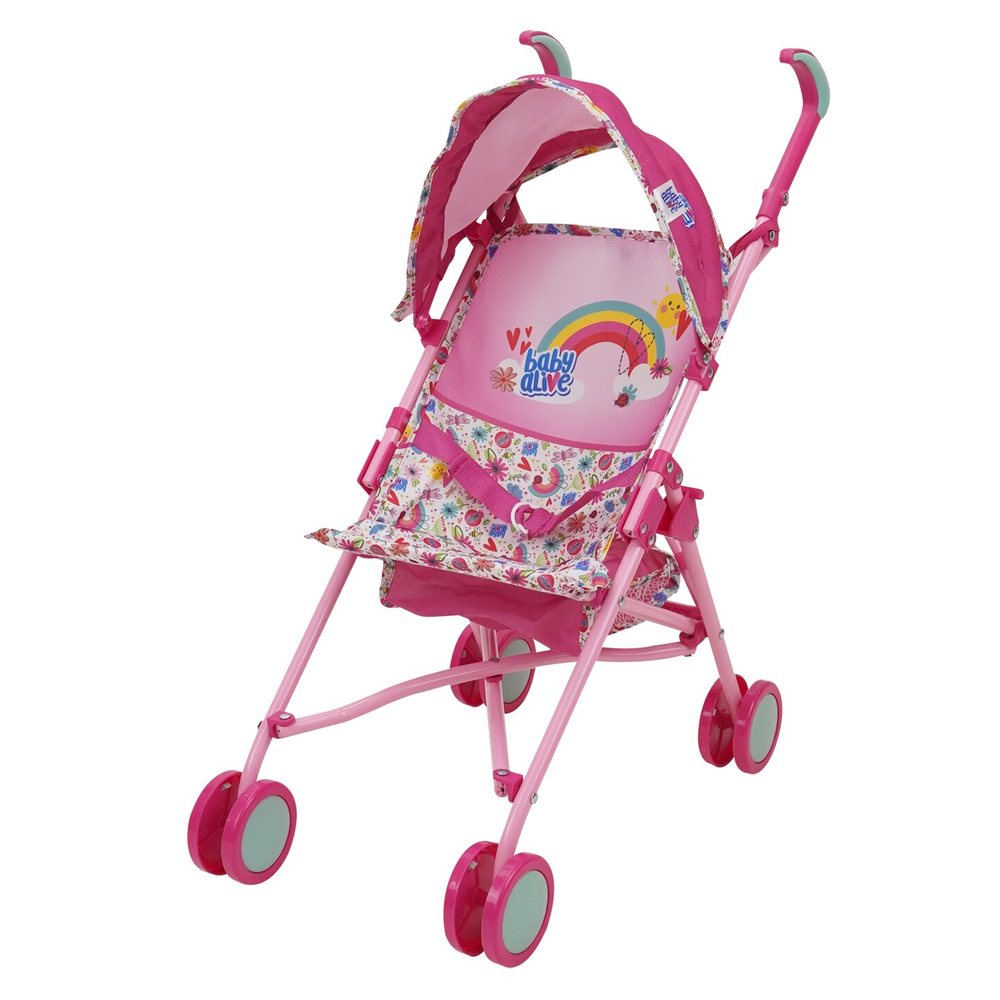 Baby Alive: Doll Stroller - Pink &#x26; Rainbow - Fits Dolls Up To 24&#x22;, Retractable Canopy, Safety Harness For Baby Doll, Two-Toned Handle &#x26; Wheels, Storage Basket, Foldable For Easy Storage
