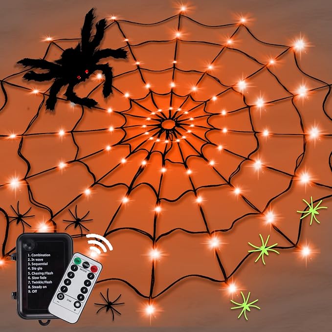 Spider Web Lights Decoration 4 FT Diameter+80 Led+1 Big Black Spider+10 Small Spiders+8 Lighting Modes, Outdoor Indoor Battery Operated Halloween Lights