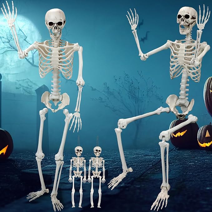 4 Pcs Giant Halloween Skeletons Life Size Decoration 6ft 5.4ft 1.3ft Poseable Skeleton Full Body Plastic Halloween Bones Haunted House Props Outdoor Yard Garden Creepy Halloween Decoration