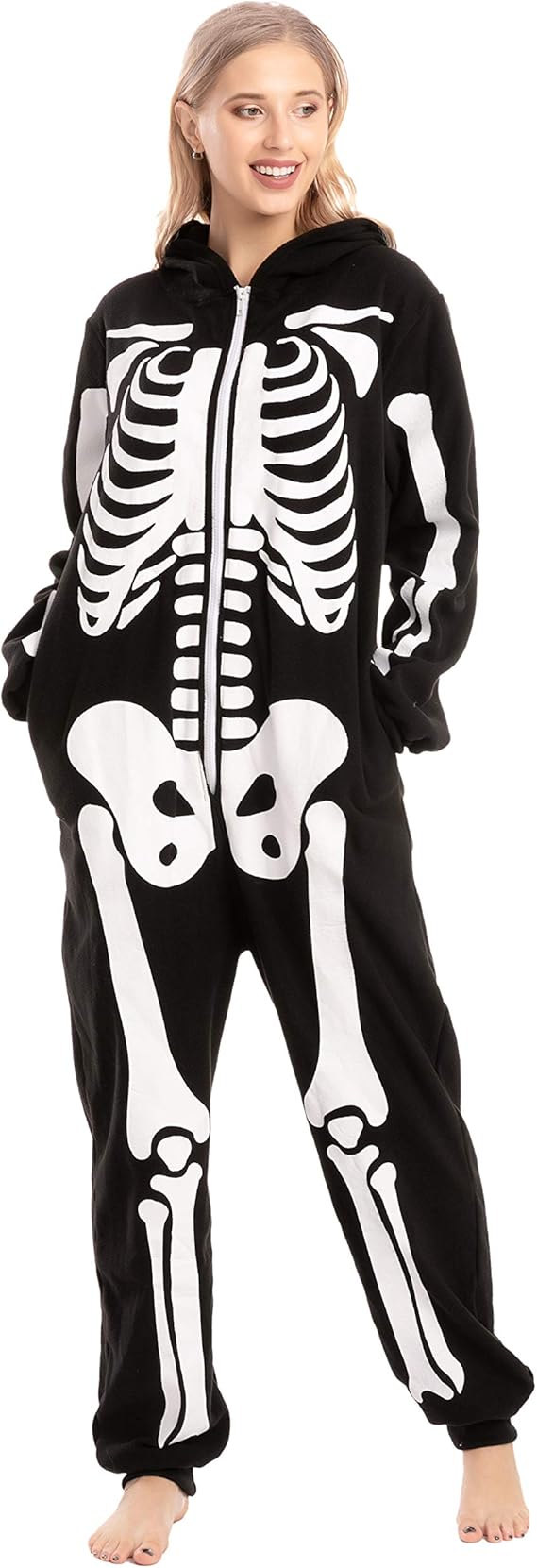 Skeleton Costume, Unisex Adult Skeleton Pajamas Plush Skeleton Hoodie Halloween
