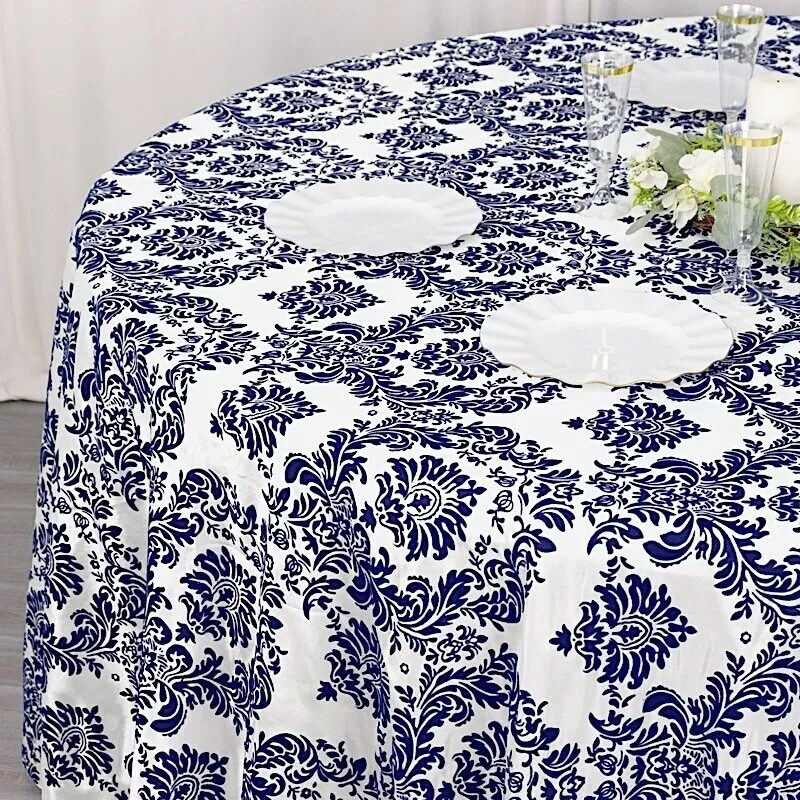 120&#x22; Royal Blue Damask Flocked Table Top Round Tablecloth Wedding Party Linens