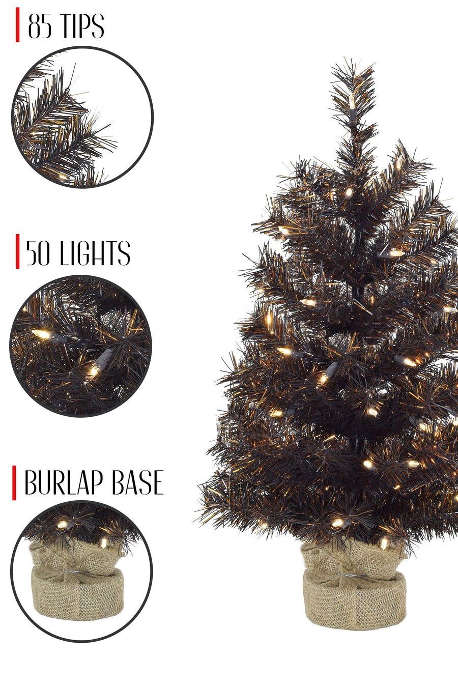 24&#x22; Tabletop Matte Black Gold Tinsel Christmas Tree