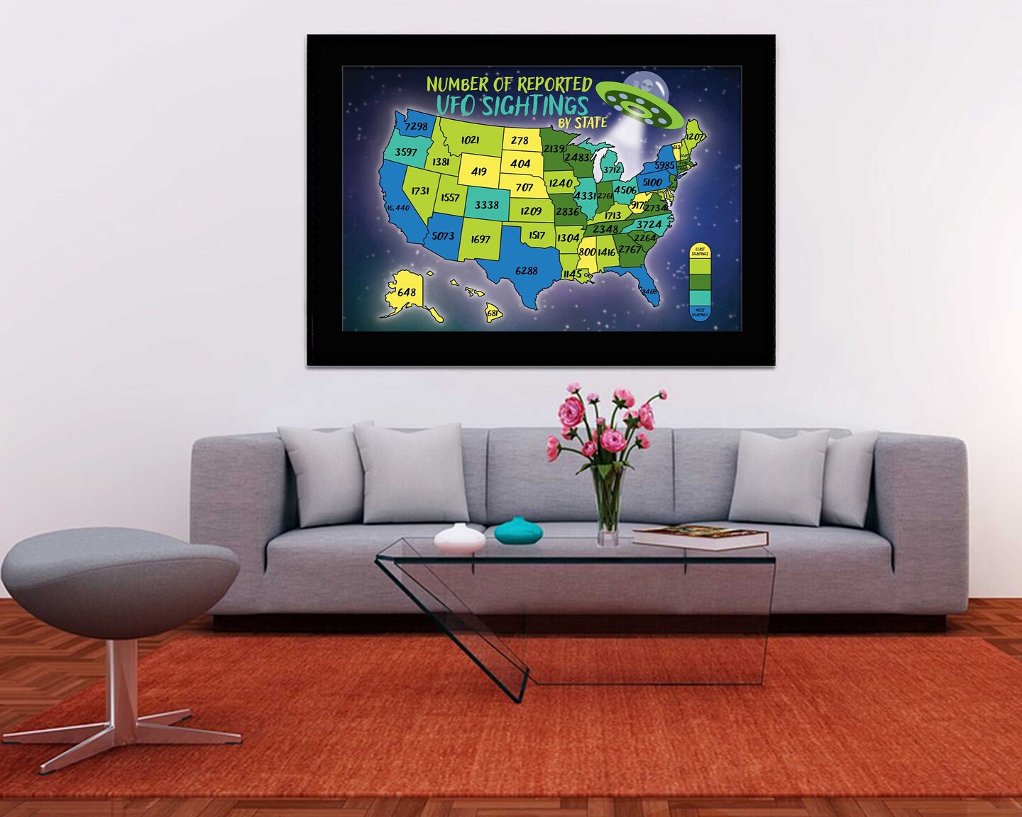 UFO Sightings Map Alien Art Print Flying Saucer UFO Wall Art Paranormal Extraterrestrial UFO Decor Ufologist Great Gift United States Map - image9