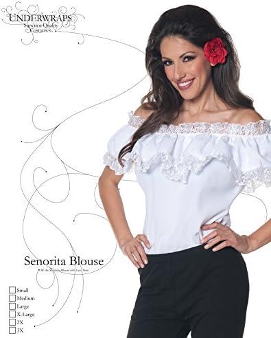 Senorita Blouse Women's Peasant Inspired Blouse Features Off-The-Shoulder with Elastic Lace Trim Medium