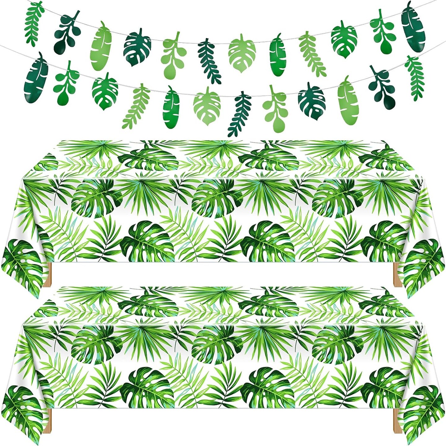 2 Pieces Palm Leaf Table Covers Hawaii Green Leaves Tablecloths Tropical Leaf Table Cloths and 2 Pieces Palm Leaves Banners