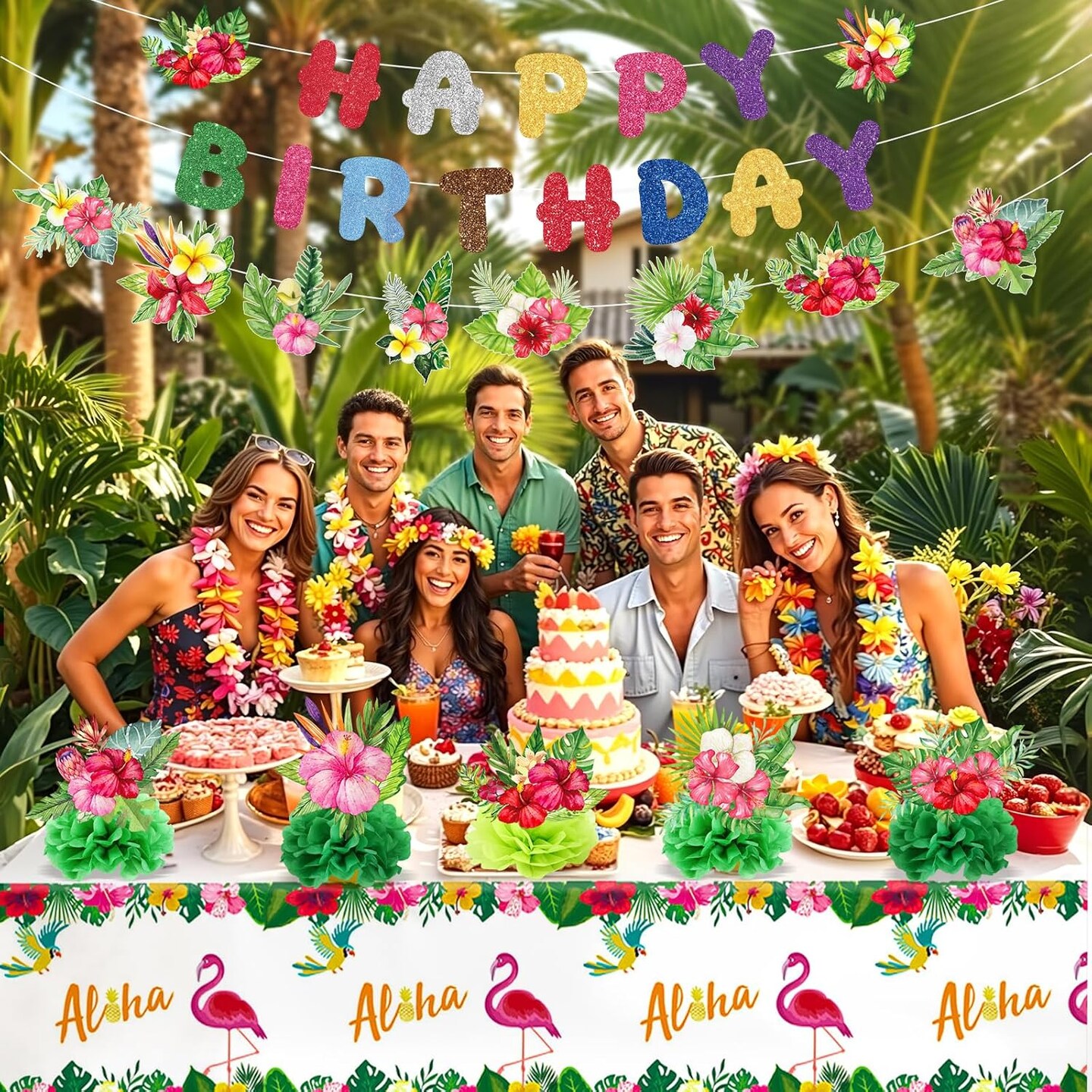 Hawaiian Birthday Party Decorations Hibiscus Flower Birthday Banner Honeycomb