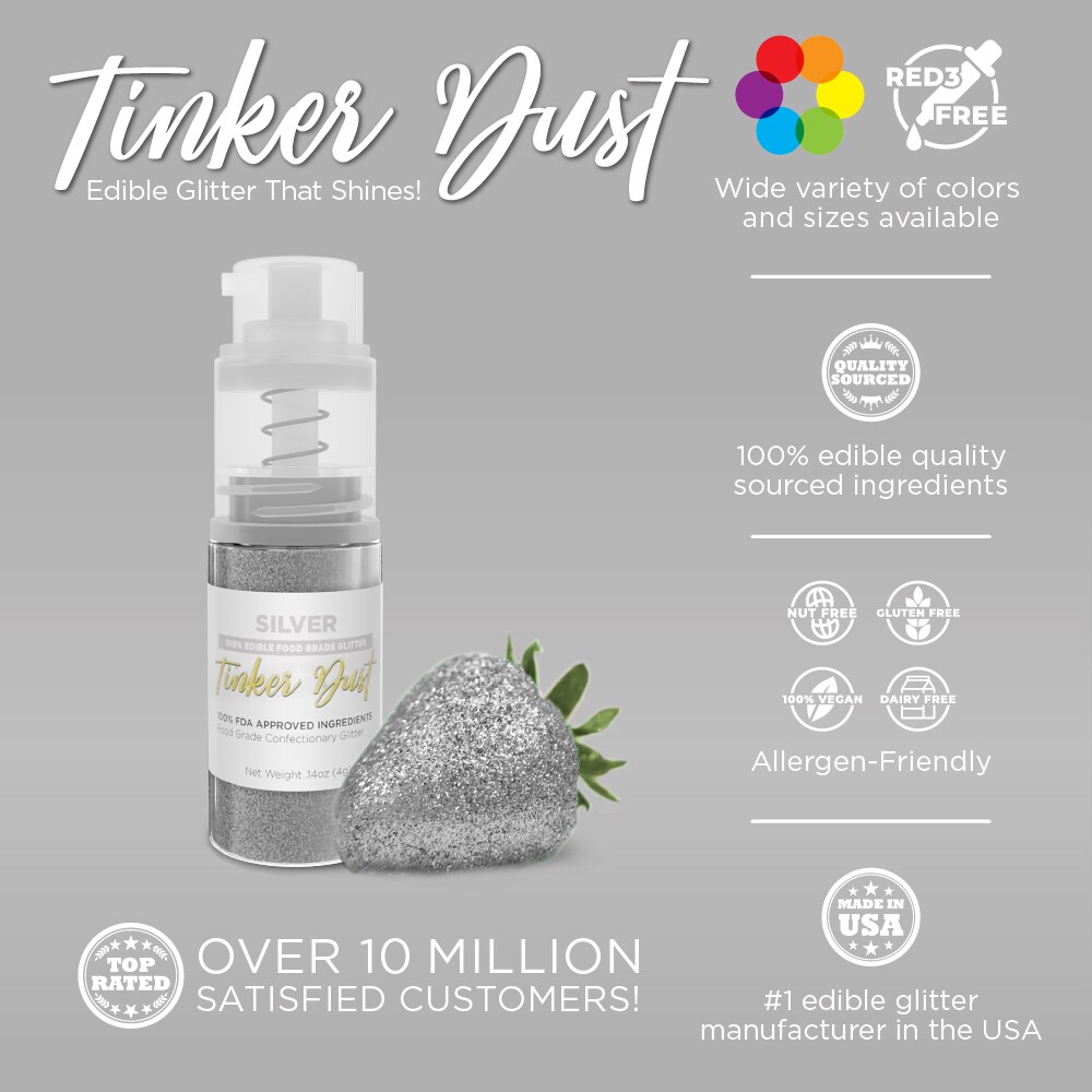 Bakell - Silver Tinker Dust Edible Glitter (4g, 1x Spray Pump) for Food, Desserts, and Beverages!