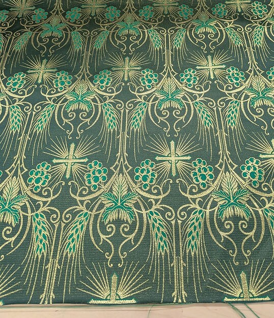1 Yard Green Church Metallic Cross Grapes Wheat Brocade Fabric Jacquard 58/59 Inches Width