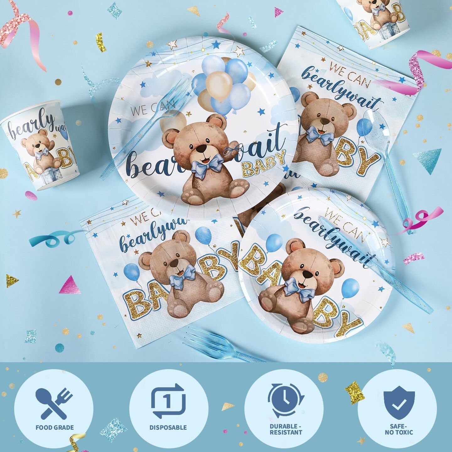 350 Bear Baby Shower Decorations for 50 Guests Include Paper Plate, Napkin, Cup and Disposable Plastic Tableware(Blue)